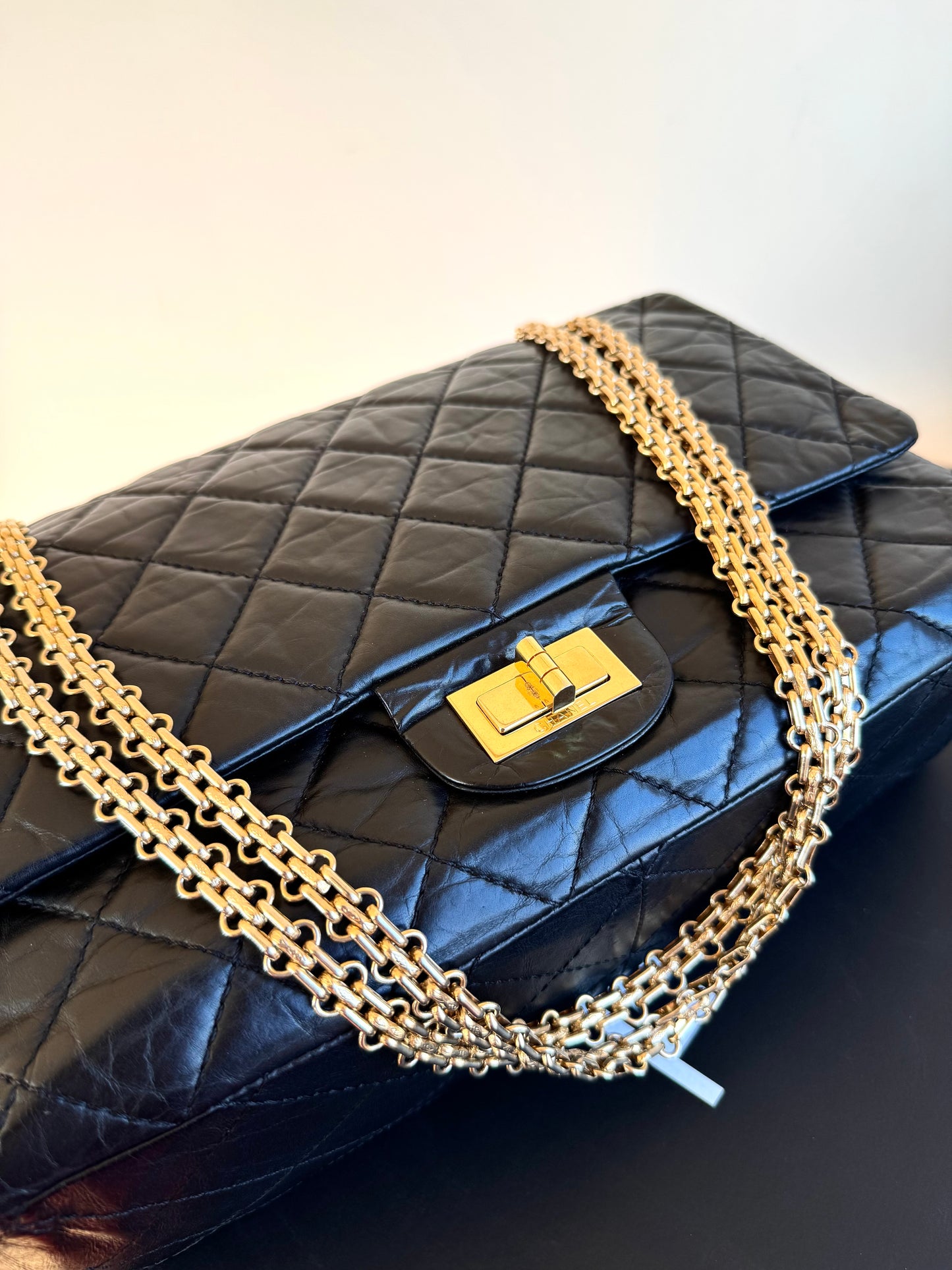 Pre-owned Chanel 2.55 Reissue Maxi 227 Black Calfskin Flap Bag