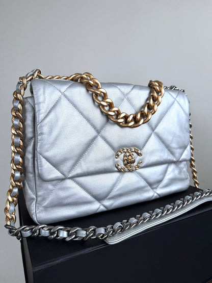 Pre-owned Chanel 19 Large Silver Lambskin Flap Bag