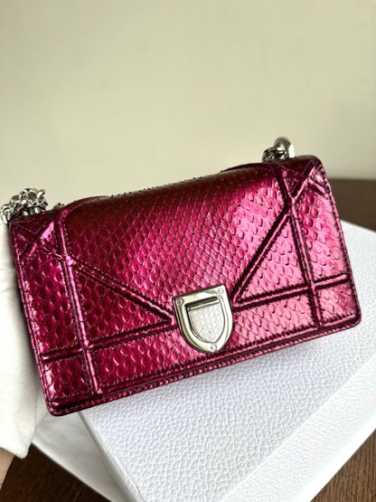 Pre-owned Dior Diorama Mini Metallic Rose Python Flap Bag