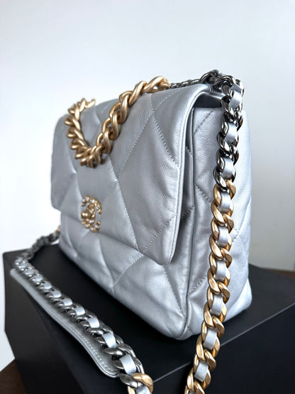 Pre-owned Chanel 19 Large Silver Lambskin Flap Bag