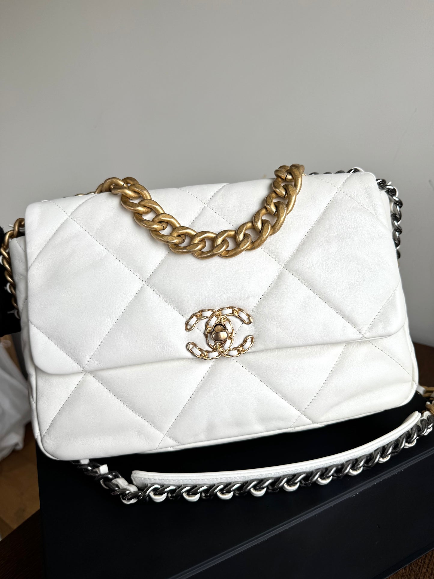Pre-owned Chanel 19 Large White Lambskin Flap Bag
