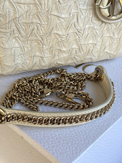 Pre-owned Dior Lady Dior Mini Off-White Eggshell Wrinkled Leather Bag