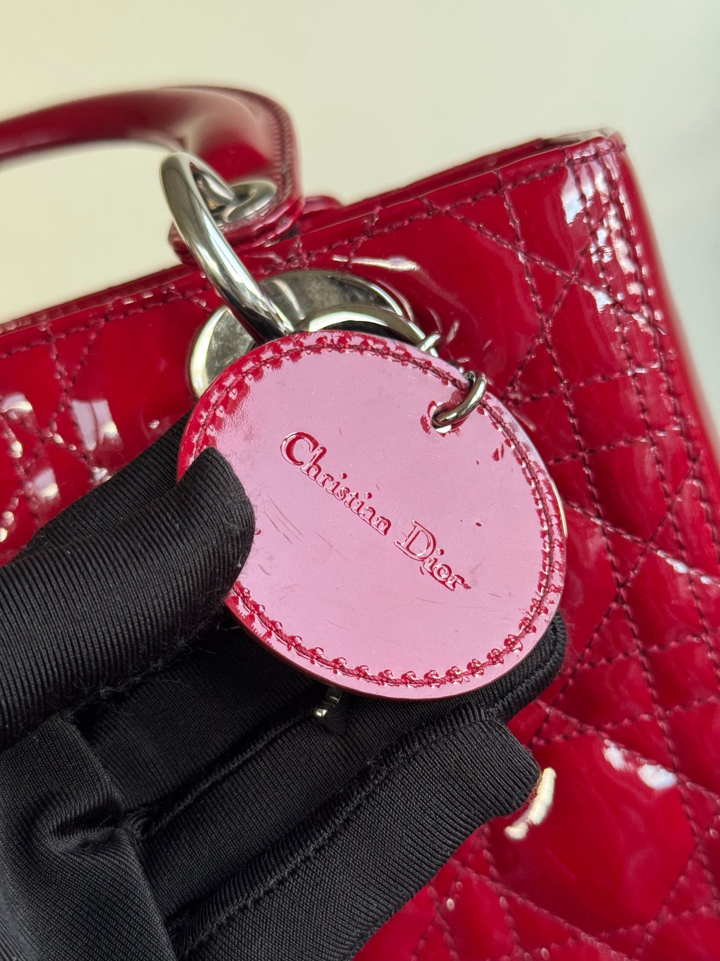 Pre-owned Dior Lady Dior Medium Burgundy Patent Leather Bag