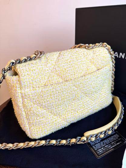Pre-owned Chanel 19 Small Yellow Tweed Flap Bag