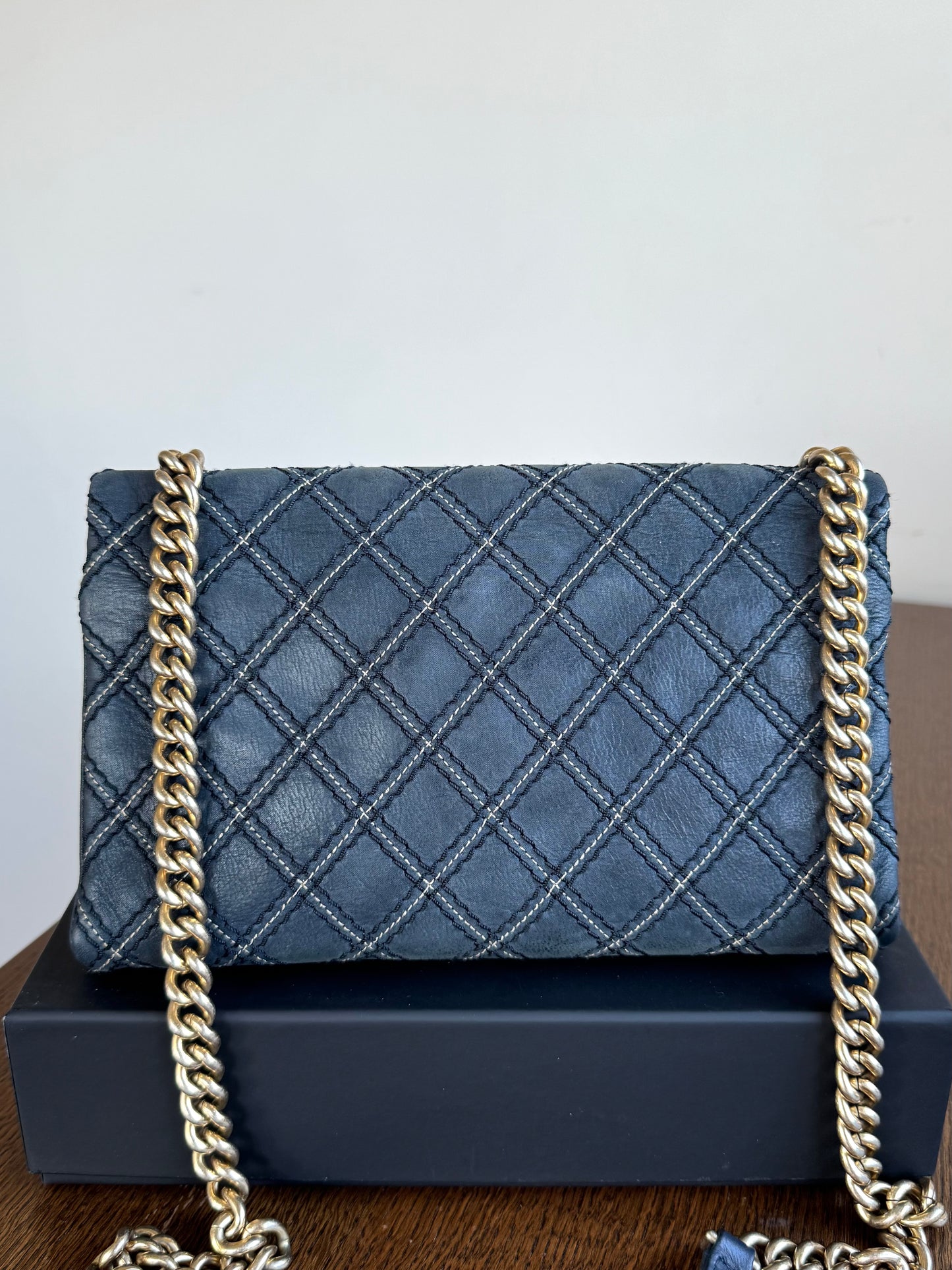 Pre-owned Chanel CC Stitch Quilted Blue Iridescent Leather Flap Bag