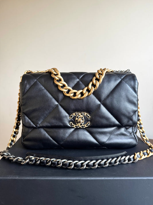 Pre-owned Chanel 19 Large Black Lambskin Flap Bag