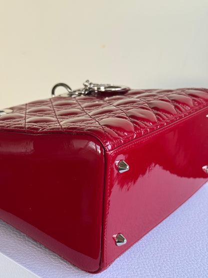 Pre-owned Dior Lady Dior Medium Burgundy Patent Leather Bag