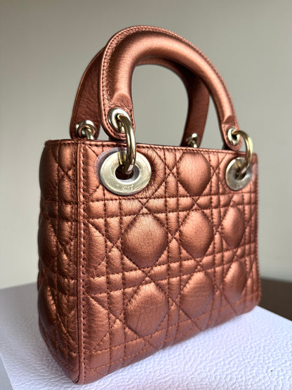 Pre-owned Dior Lady Dior Mini Bronze Lambskin Cannage Bag
