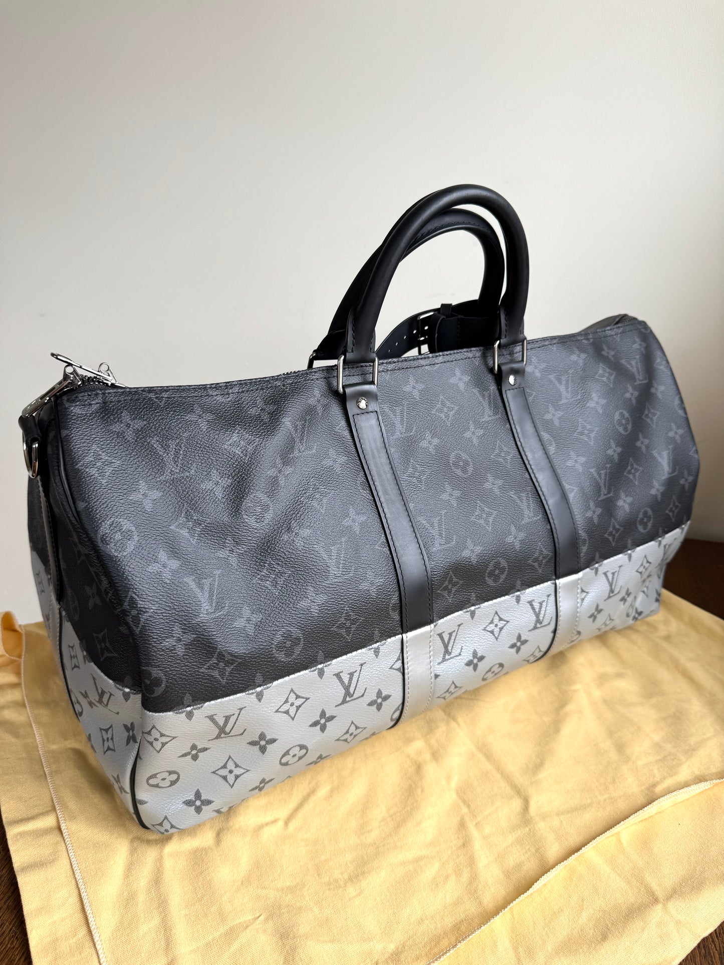 Pre-owned Louis Vuitton Keepall 50 Black Silver Eclipse Split Travel Bag