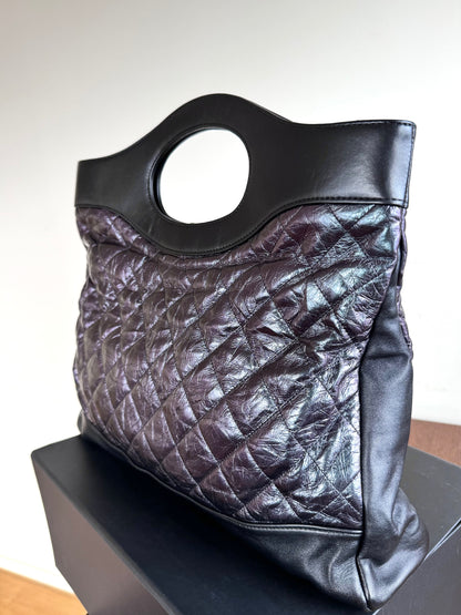 Pre-owned Chanel 31bag Large Black Purple Waxed Leather Tote Bag