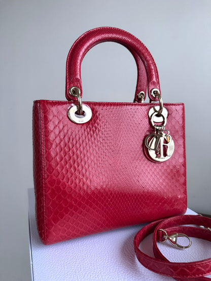 Pre-owned Dior Lady Dior Medium Red Python Bag