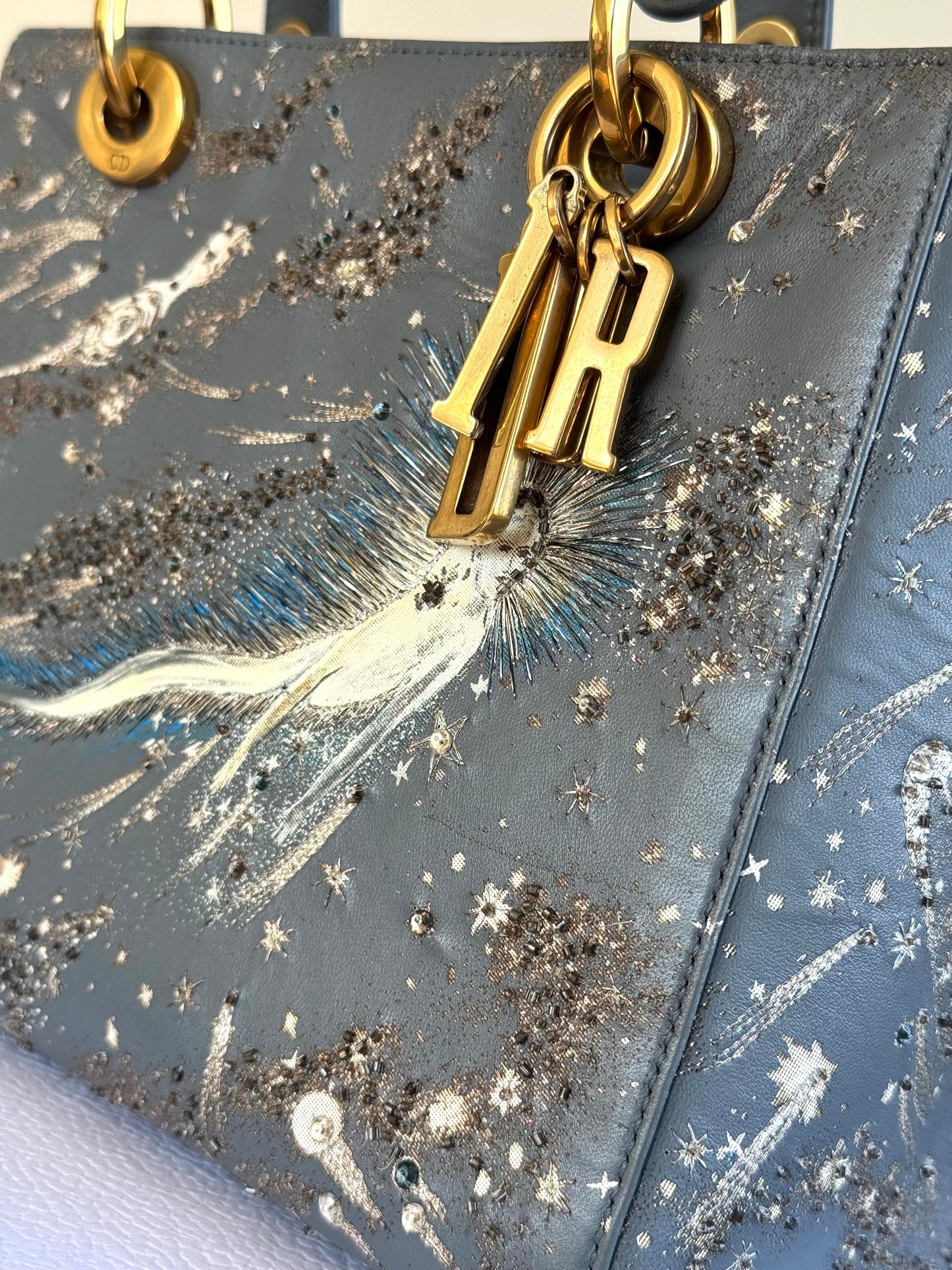 Pre-owned Dior Lady Dior Medium Grey Blue Embroidered Leather Bag