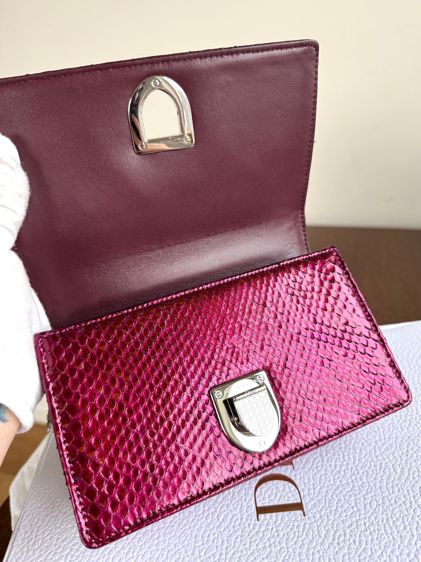 Pre-owned Dior Diorama Mini Metallic Rose Python Flap Bag