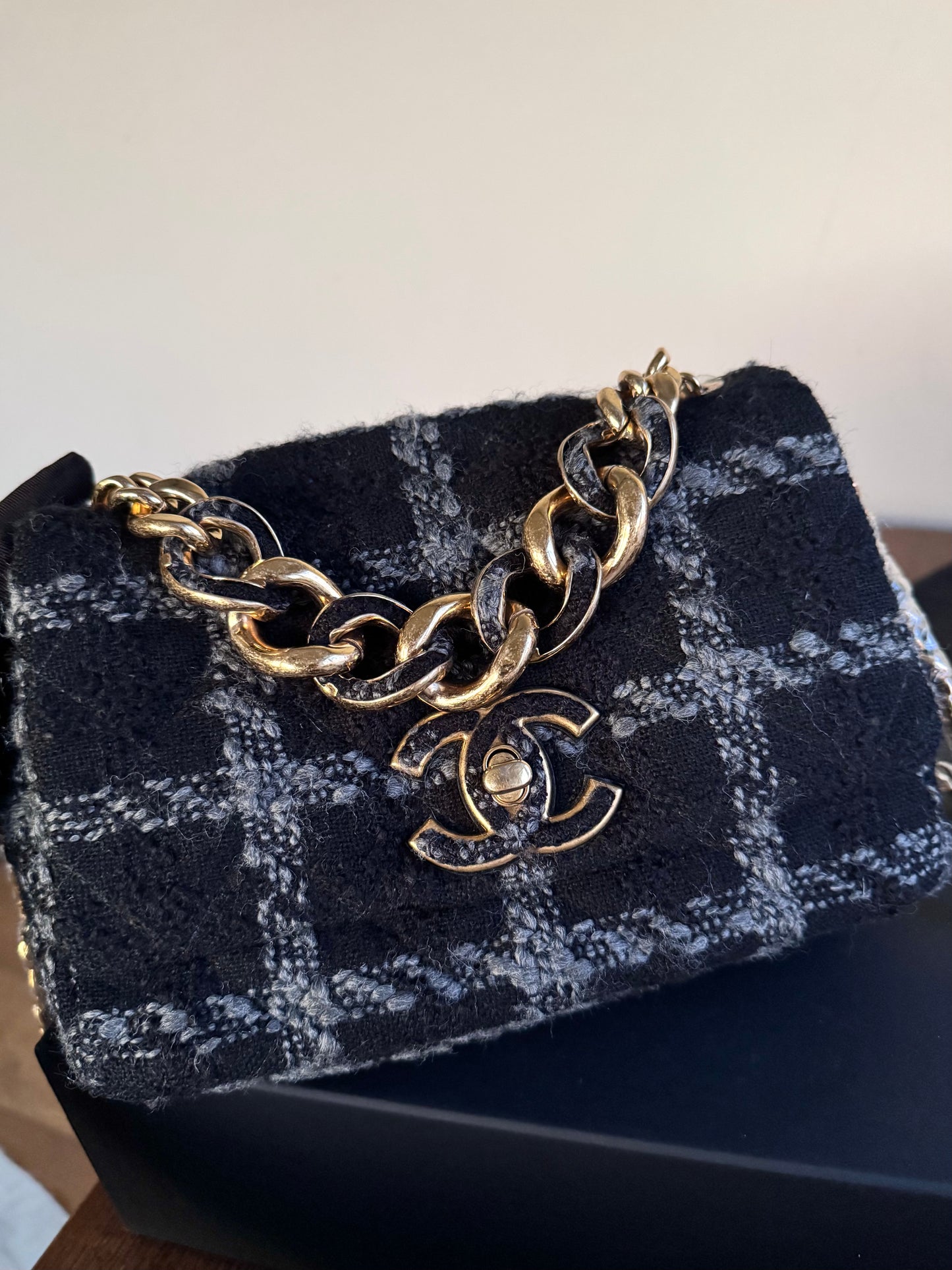 Pre-owned Chanel 19 Small Black Tweed Flap Bag
