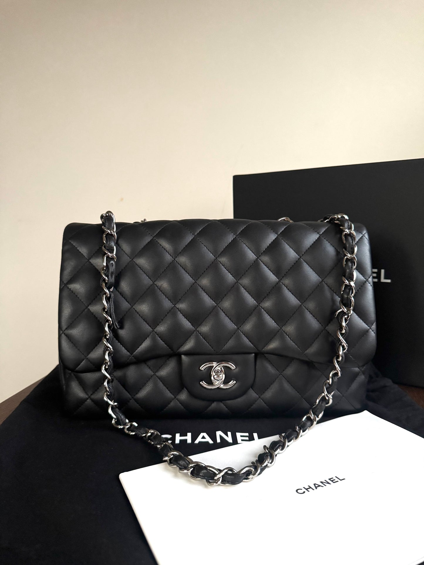 Pre-owned Chanel Timeless Classic Jumbo Black Lambskin Single Flap Bag