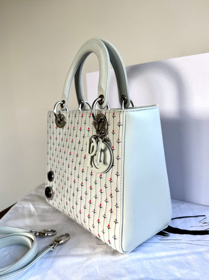 Pre-owned Dior Lady Dior Medium Baby Blue Embroidered Flower Calfskin Bag