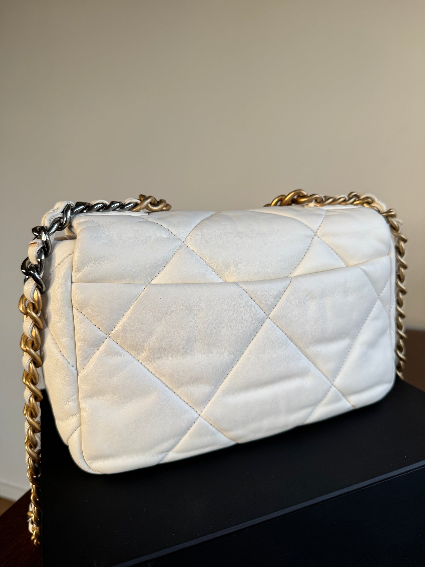 Pre-owned Chanel 19 Small White Lambskin Flap Bag