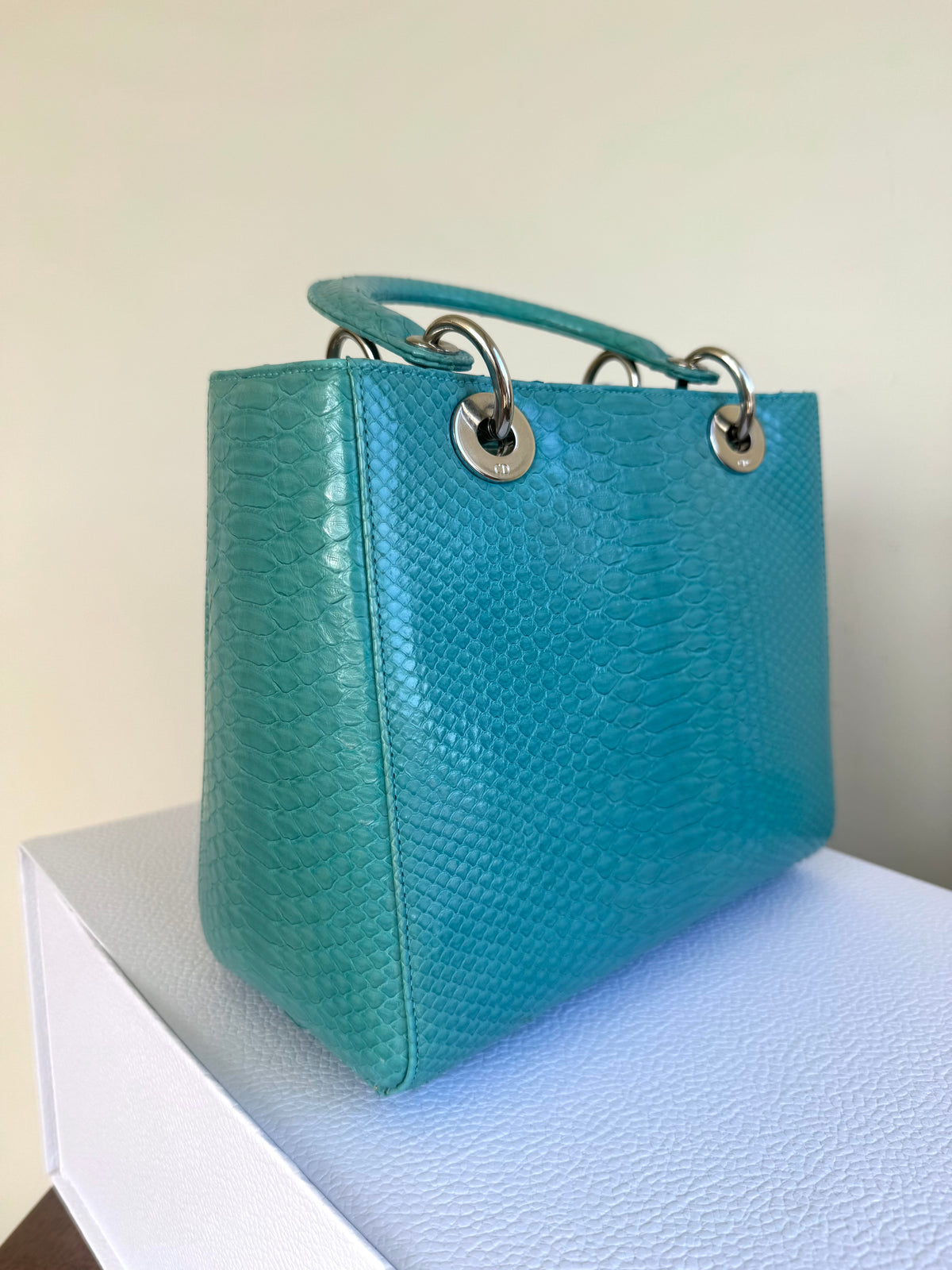 Pre-owned Dior Lady Dior Medium Tiffany Blue Python Bag