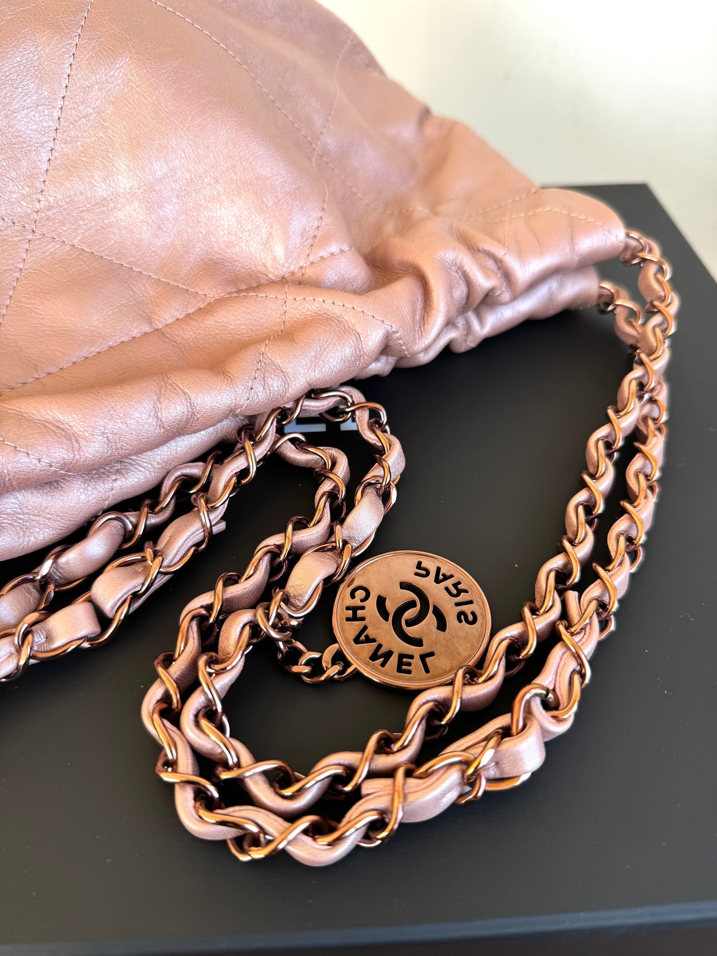 Pre-owned Chanel 22 Small Rose Gold Leather Tote Bag Limited Color