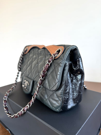 Pre-owned Chanel In The Mix Medium Dark Green Iridescent Leather Flap Bag