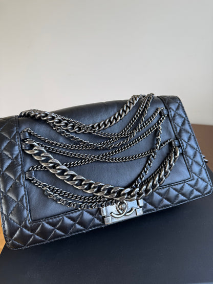 Pre-owned Chanel Boy Large Black Leather Multi-chain Flap Bag Limited Edition
