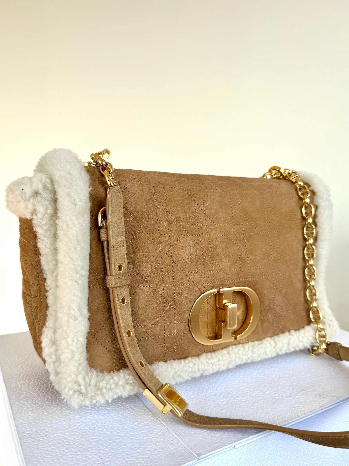 Pre-owned Dior Caro Large Camel Shearling Cannage Flap Bag