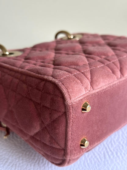 Pre-owned Dior Lady Dior Mini Crystal Dusty Rose Velvet Bag Limited Edition