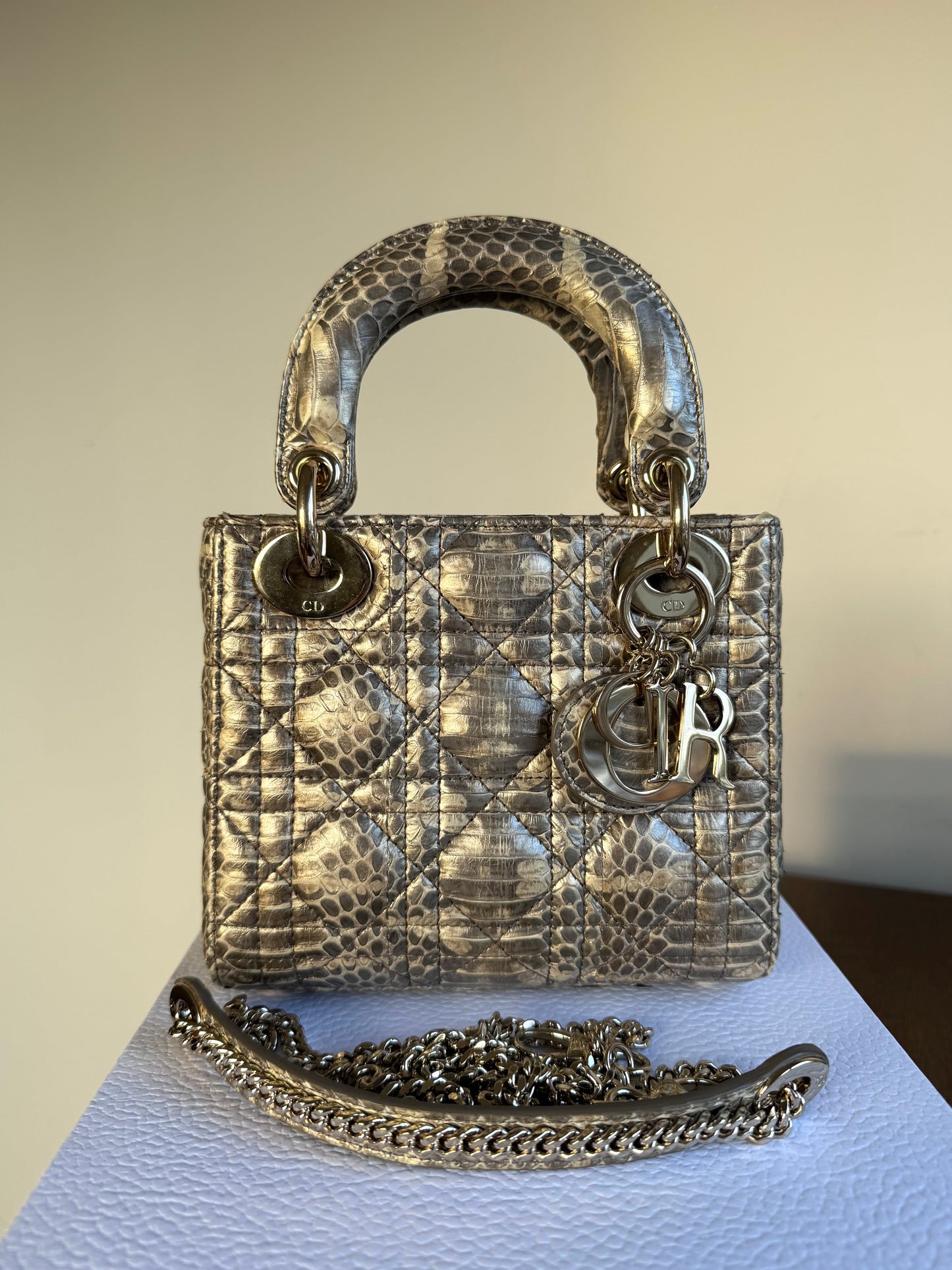 Pre-owned Dior Lady Dior Mini Metallic Grey Beige Python Bag
