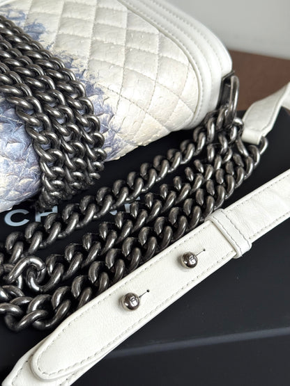 Pre-owned Chanel Boy Medium Off White Python Chain Around Flap Bag