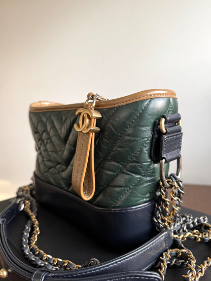 Pre-owned Chanel Gabrielle Small V-stitch Dark Green Leather Hobo Bag Limited Color