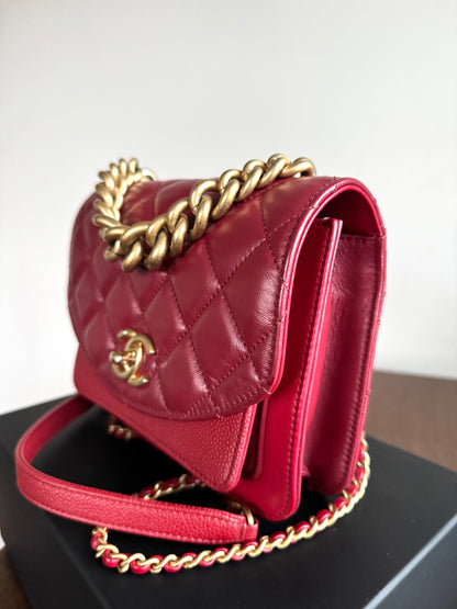 Pre-owned Chanel Top Chain Red Burgundy Caviar Flap Bag