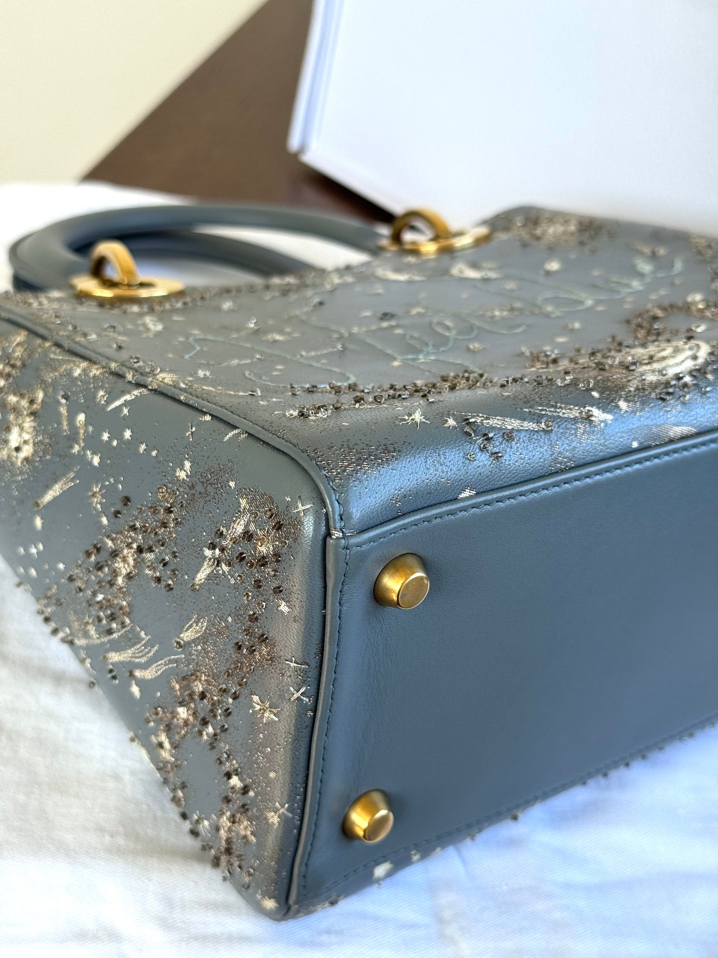 Pre-owned Dior Lady Dior Medium Grey Blue Embroidered Leather Bag