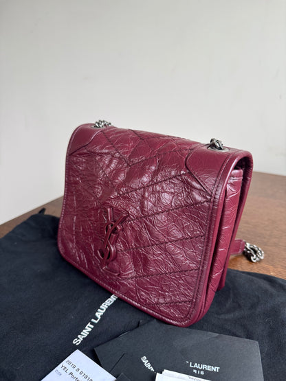 Pre-owned Saint Laurent Niki Mini Burgundy Leather Flap Bag