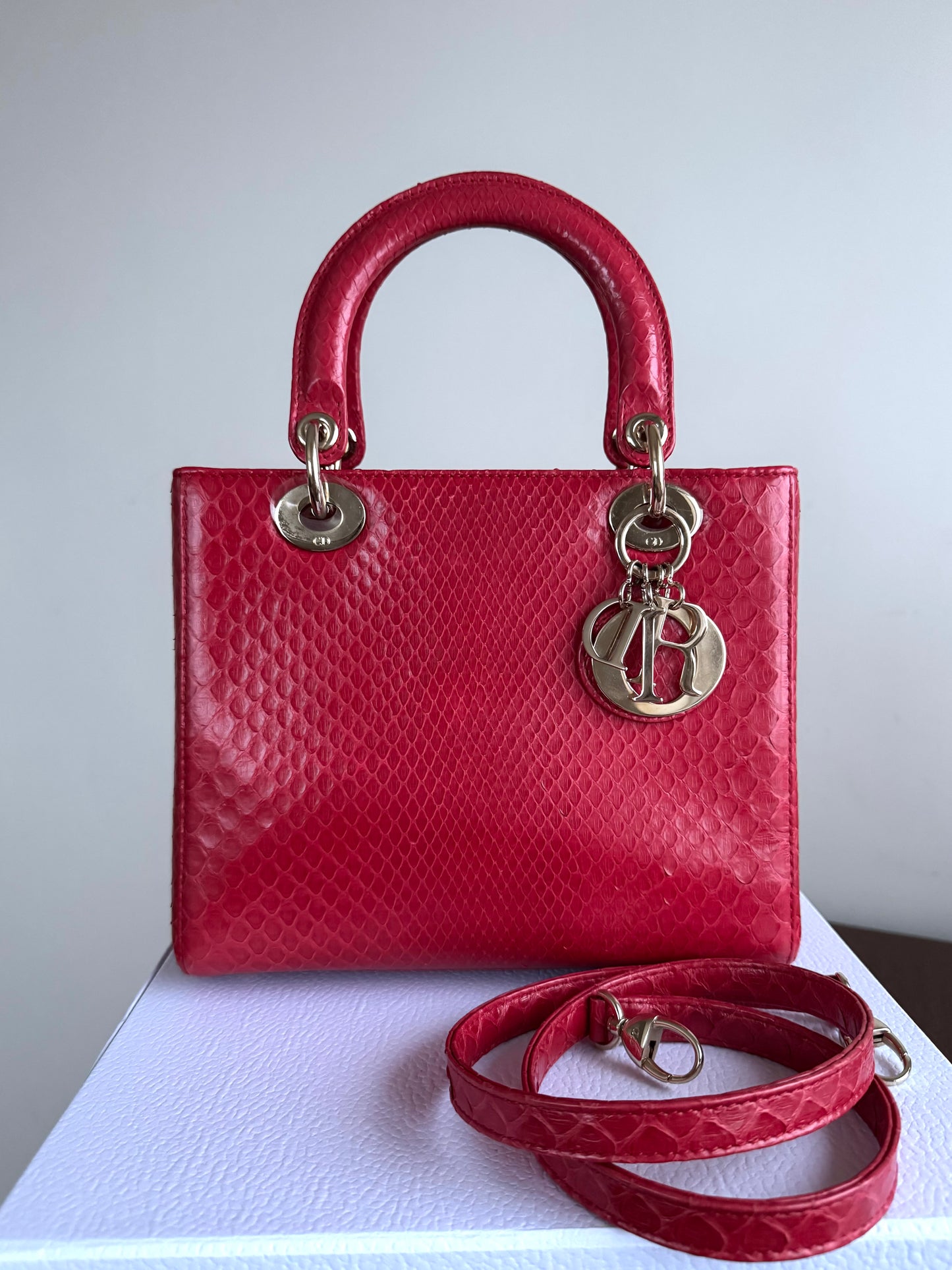 Pre-owned Dior Lady Dior Medium Red Python Bag