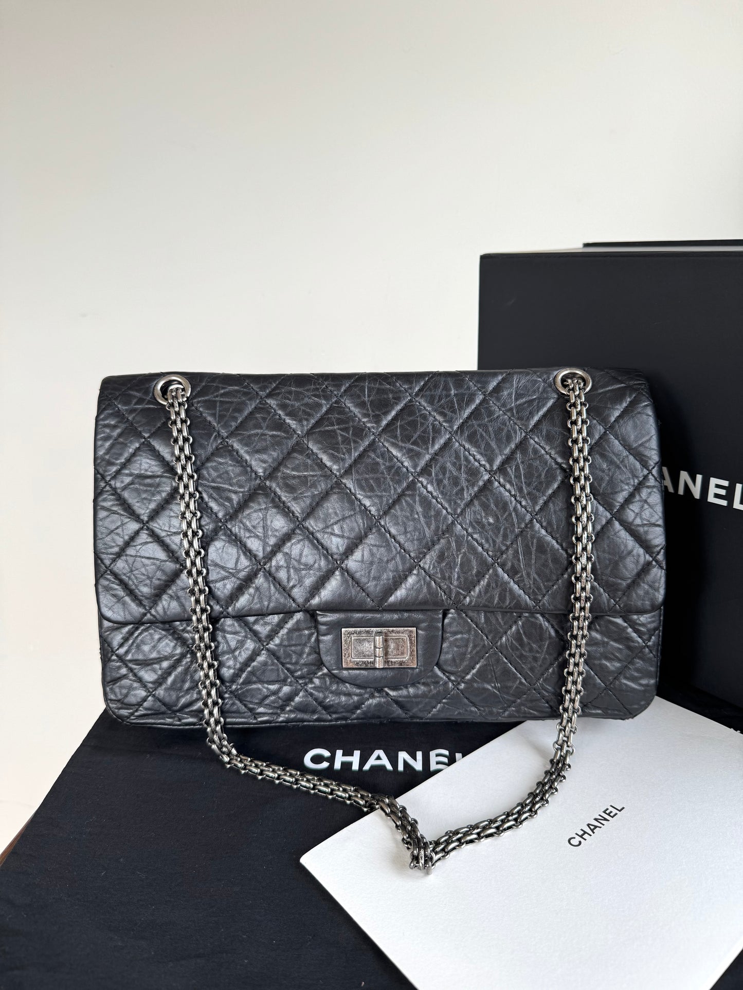 Pre-owned Chanel 2.55 Reissue Maxi 227 Black Calfskin Flap Bag