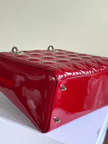 Pre-owned Dior Lady Dior Medium Burgundy Patent Leather Bag