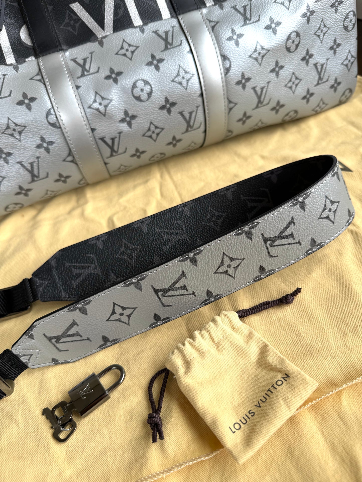 Pre-owned Louis Vuitton Keepall 50 Black Silver Eclipse Split Travel Bag