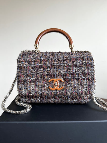 Pre-owned Chanel Knock On Wood Brown Tweed Top Handle Flap Bag