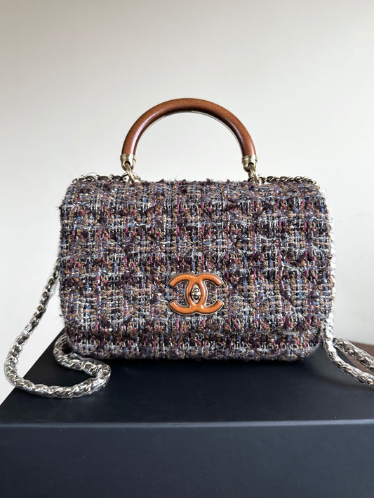 Pre-owned Chanel Knock On Wood Brown Tweed Top Handle Flap Bag