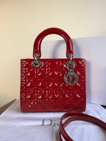 Pre-owned Dior Lady Dior Medium Burgundy Patent Leather Bag