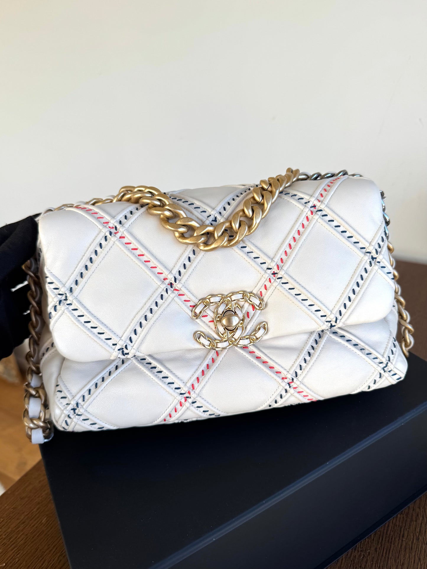 Pre-owned Chanel 19 Small Stitch Beige Lambskin Flap Bag Limited Edition