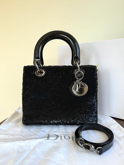Pre-owned Dior Lady Dior Medium Black Sequin Patent Leather Bag