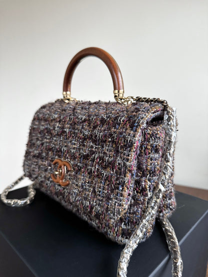 Pre-owned Chanel Knock On Wood Brown Tweed Top Handle Flap Bag