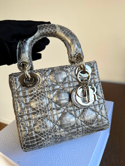 Pre-owned Dior Lady Dior Mini Metallic Grey Beige Python Bag