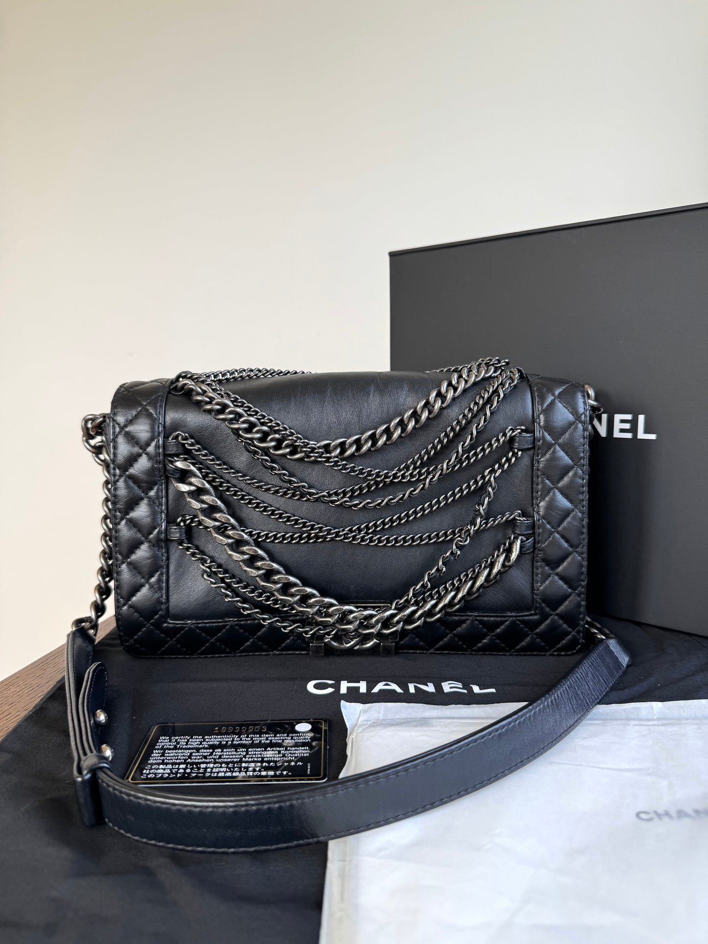 Pre-owned Chanel Boy Large Black Leather Multi-chain Flap Bag Limited Edition