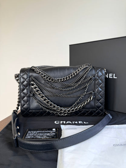 Pre-owned Chanel Boy Large Black Leather Multi-chain Flap Bag Limited Edition