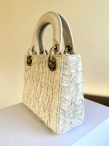 Pre-owned Dior Lady Dior Mini Off-White Eggshell Wrinkled Leather Bag