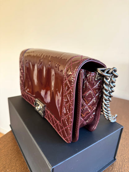 Pre-owned Chanel Boy Medium Burgundy Patent Leather Flap Bag