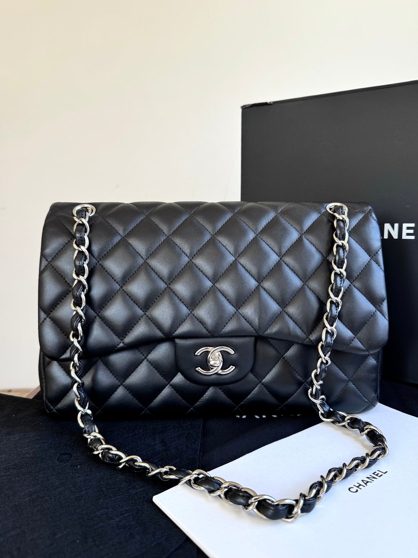 Pre-owned Chanel Timeless Classic Jumbo Black Lambskin Flap Bag