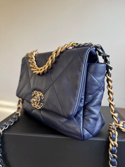 Pre-owned Chanel 19 Small Navy Lambskin Flap Bag